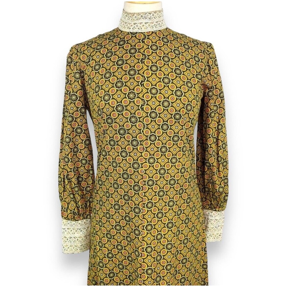 Vintage 60s Handmade Mandala Print Maxi Dress Long Sleeve Gown Lace Trim Hippie - Picture 2 of 9